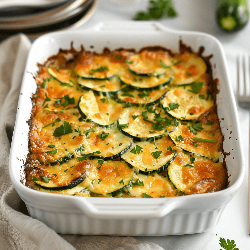 Courgette ovenschotel in een witte rechthoekige ovenschaal met goudbruin gebakken courgetteplakjes en verse peterselie bovenop. De ovenschotel staat op een lichte ondergrond en is net uit de oven gehaald. Perfect gerecht voor een gezonde en koolhydraatarme maaltijd.