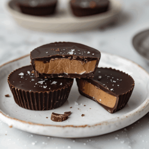 Paleo chocolade amandelboter cups met pure chocolade en romige amandelvulling, bestrooid met zeezout, geserveerd op een keramisch bord; gezonde homemade snack zonder geraffineerde suiker