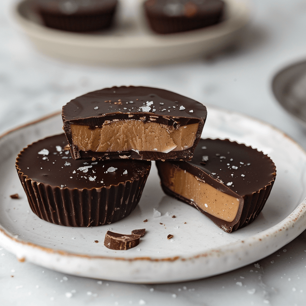 Paleo chocolade amandelboter cups met pure chocolade en romige amandelvulling, bestrooid met zeezout, geserveerd op een keramisch bord; gezonde homemade snack zonder geraffineerde suiker