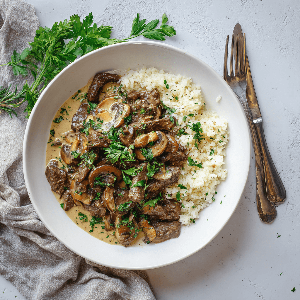 Paleo rundvlees stroganoff met champignons in romige kokosroomsaus geserveerd met bloemkoolrijst en verse peterselie.