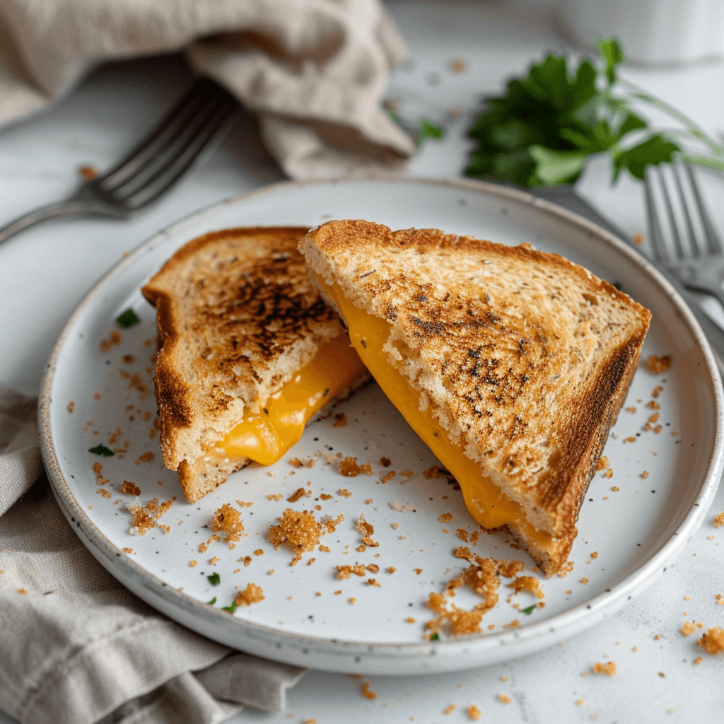 ChatGPT zei: Paleo tosti met kaas op een wit bord met goudbruin geroosterde sneetjes brood en een smeuige kaasvulling die zichtbaar uit de tosti loopt omringd door krokante kruimels op tafel ideaal als Paleo lunch of gezond alternatief voor een klassieke gegrilde kaas sandwich