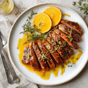 Paleo geroosterde eendenborst in plakjes geserveerd met sinaasappelglazuur, gegarneerd met verse tijm en schijfjes sinaasappel.