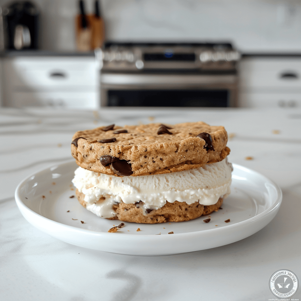 paleo ijs sandwich met chocoladekoekjes en romige kokosroomvulling op een wit bord, gezonde zuivelvrije en glutenvrije traktatie gemaakt met amandelmeel en kokosmelk