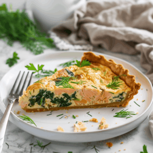 Zalmquiche met romige vulling en spinazie op een witte plaat met verse kruiden en vork erbij een smaakvolle en voedzame quiche perfect voor een gezonde maaltijd of paleo recept zoekopdracht
