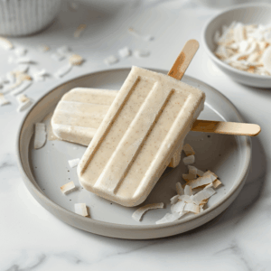 Paleo banaan kokos ijsjes op een bord, gemaakt met romige kokosmelk en rijpe banaan, gezonde suikervrije ijslolly’s met natuurlijke ingrediënten, perfect paleo zomerrecept.