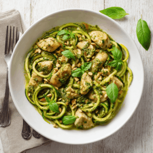 Paleo pesto kip met courgettenoedels zoodles in een aromatische basilicum pesto gegarneerd met verse basilicum en gehakte noten