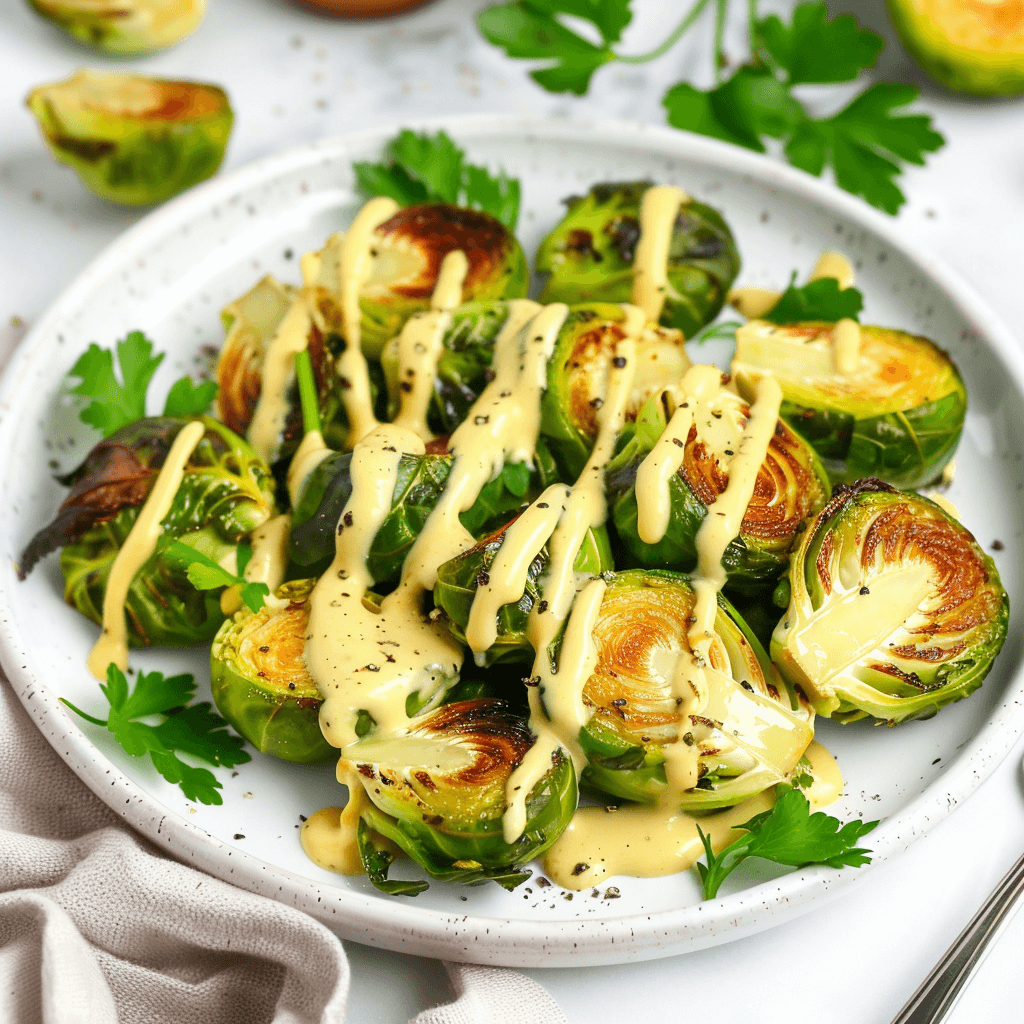 Geroosterde spruitjes met een romige zuivelvrije kaassaus op een wit bord. De spruitjes hebben een goudbruine rand en zijn gegarneerd met peterselie en versgemalen zwarte peper. Het gerecht oogt fris en smaakvol en past perfect bij recepten voor gezonde maaltijden en paleo gerechten.