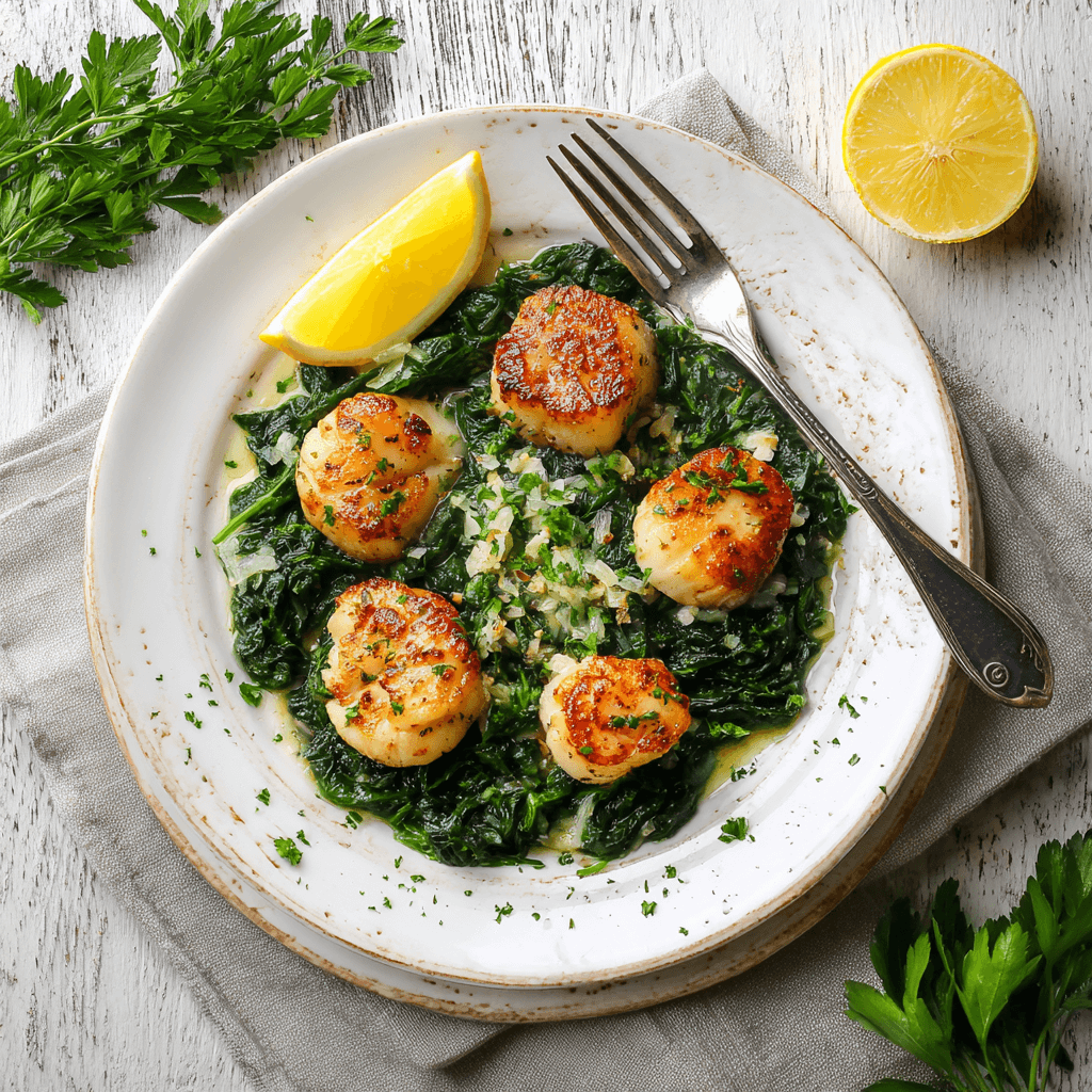 Paleo gebakken sint jakobsschelpen op een bed van knoflookspinazie, geserveerd met citroen en peterselie op een wit bord.