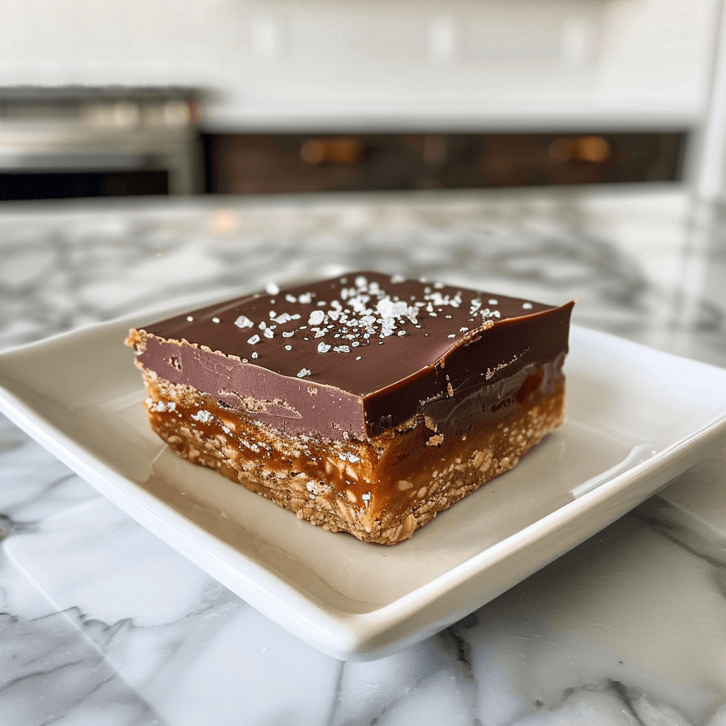 Paleo salted caramel dadelreep met pure chocolade topping en zeezout op een wit bord, gezonde glutenvrije snack met notenbodem en romige dadelkaramellaag.