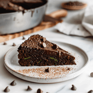 Paleo chocolade courgettecake slice op wit bord, gemaakt met cacao, courgette en amandelmeel, gezonde glutenvrije chocoladetaart zonder geraffineerde suiker.