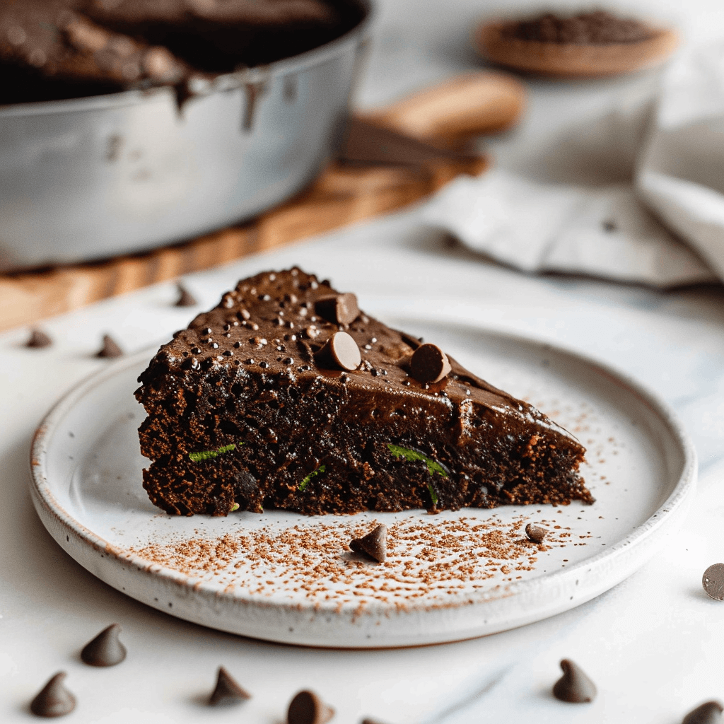 Paleo chocolade courgettecake slice op wit bord, gemaakt met cacao, courgette en amandelmeel, gezonde glutenvrije chocoladetaart zonder geraffineerde suiker.