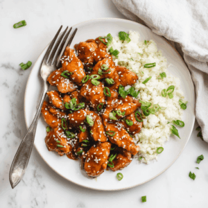 Paleo teriyaki kip met sticky umami saus geserveerd met bloemkoolrijst en bosui.