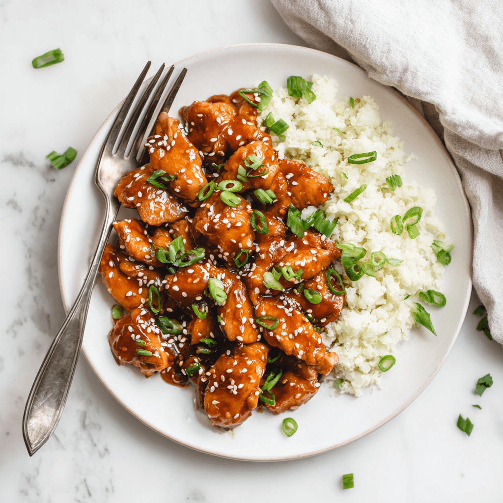 Paleo teriyaki kip met sticky umami saus geserveerd met bloemkoolrijst en bosui.