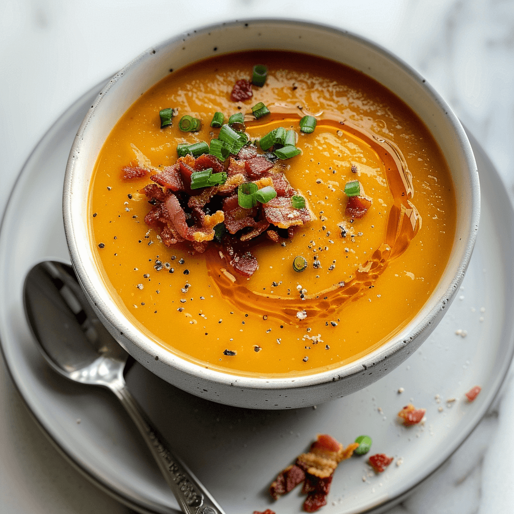 Romige paleo pompoensoep met krokant spek en lente ui, geserveerd in een witte kom met een swirl van kokosmelk en zwarte peper, een voedzame herfstsoep die perfect past bij een koolhydraatarme en zuivelvrije leefstijl.