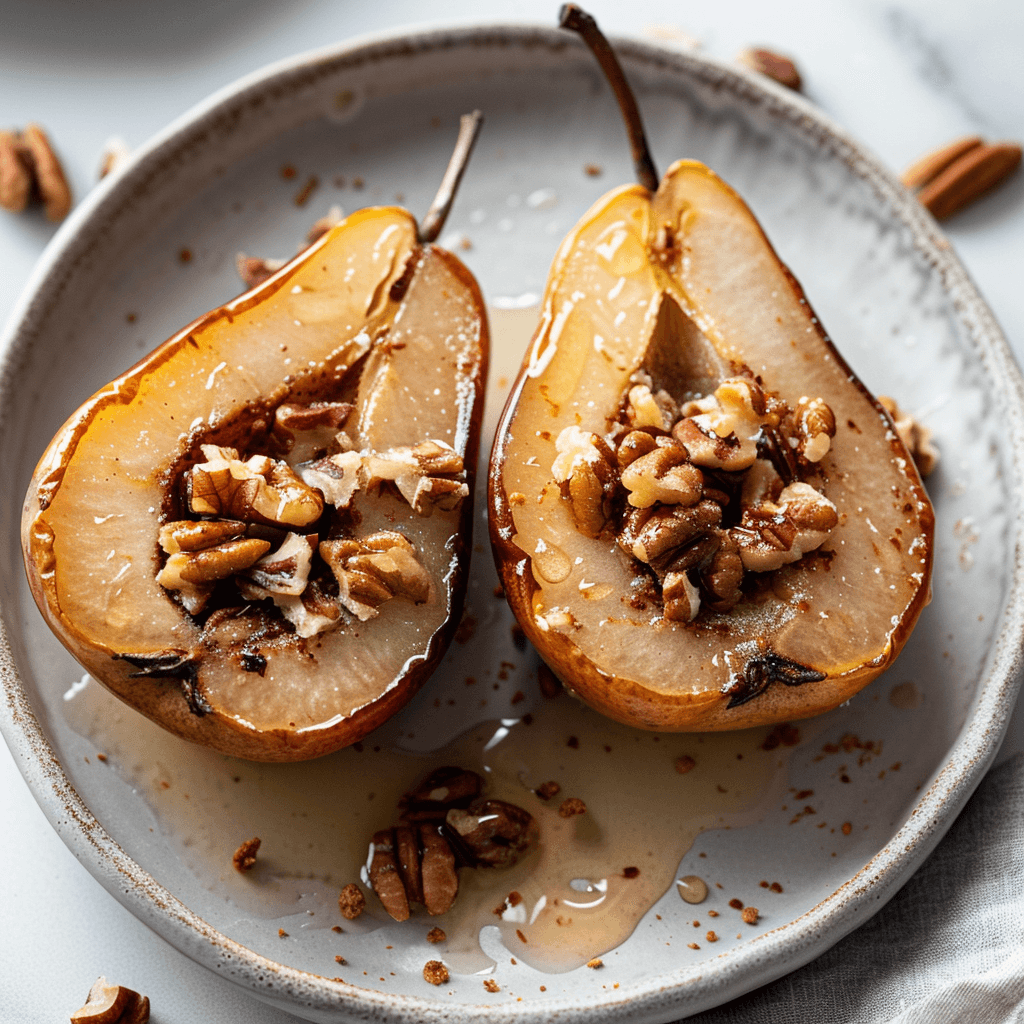 Geroosterde peren met kaneel en noten op een bord, warm gebakken in de oven tot ze zacht en karamellig zijn, gevuld met pecannoten en licht besprenkeld met honing voor een gezonde Paleo dessertoptie.