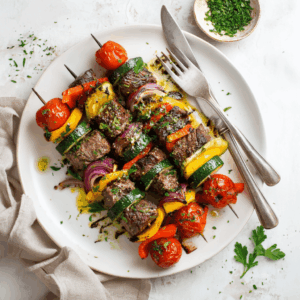 Paleo gegrilde groente en biefstuk spiesjes met courgette paprika rode ui en cherrytomaten.