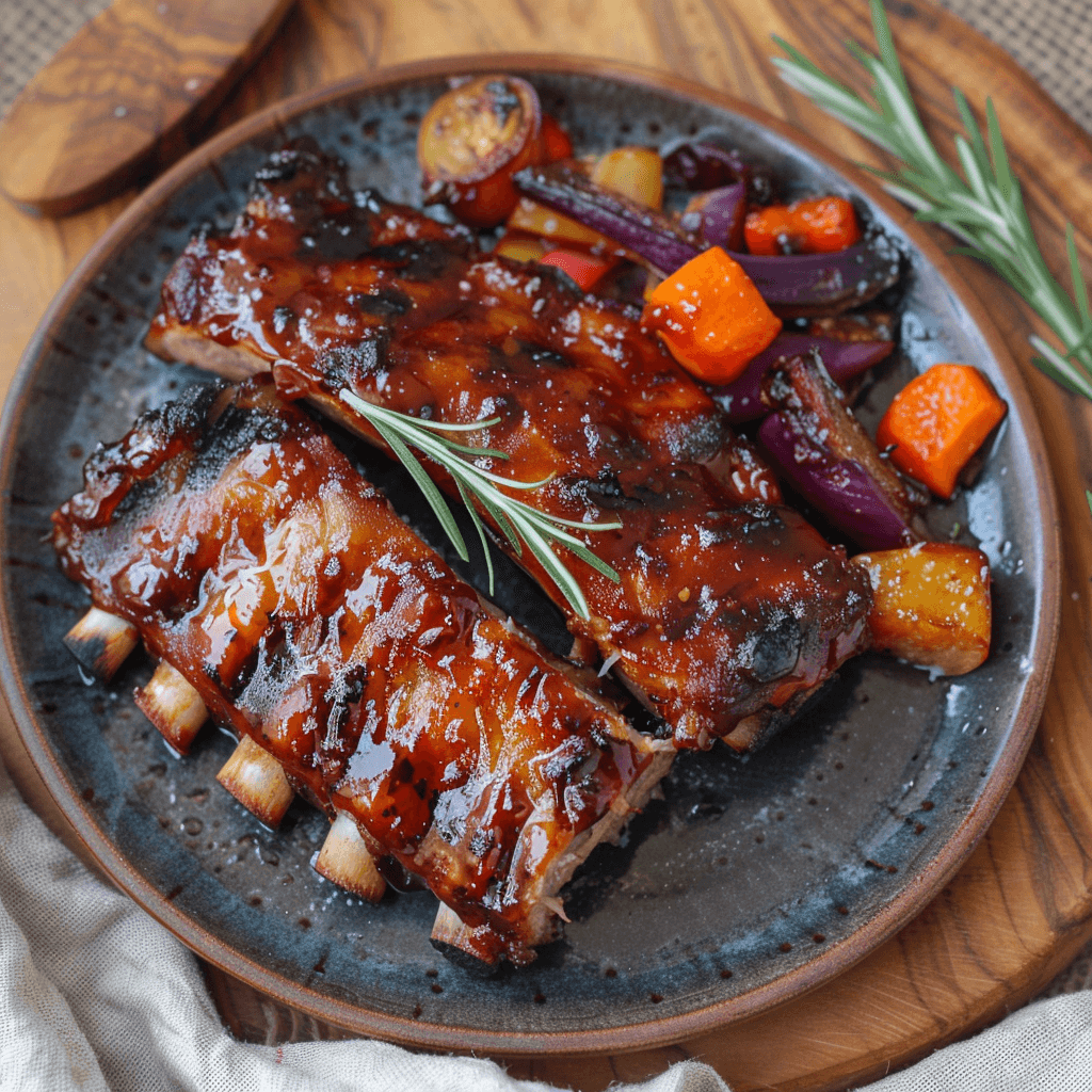 Paleo spare ribs met een glanzende, kleverige barbecuesaus op een donker bord, geserveerd met geroosterde groenten zoals wortel, rode ui en aardappel, een takje rozemarijn en een warme, rustieke presentatie.