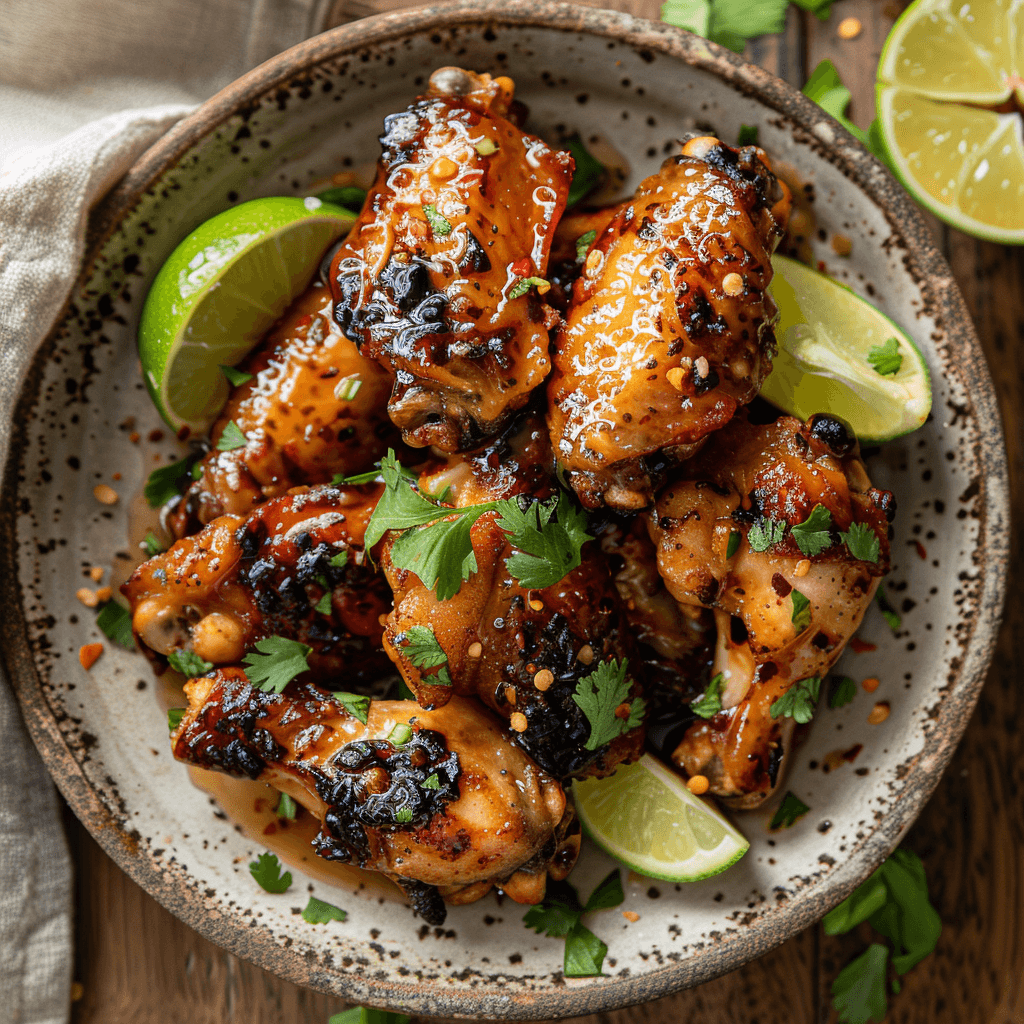 Paleo kipvingers op een rustiek bord, goudbruin en knapperig gebakken, geglazuurd met een zoet-hartige paleo saus en gegarneerd met verse peterselie. Geserveerd met partjes limoen voor extra frisheid. Perfect gerecht voor knapperige oven kipvingers zonder suiker of granen.