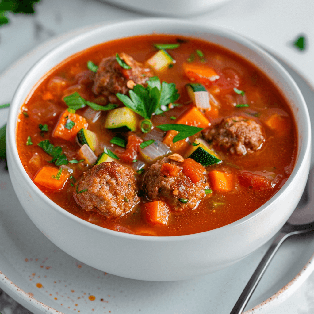 Paleo tomatensoep met groenten en gehaktballetjes in een witte kom, gevuld met courgette, wortel, ui en een rijke tomatenbouillon, een voedzame en koolhydraatarme maaltijd perfect voor een Paleo of Whole30 leefstijl.