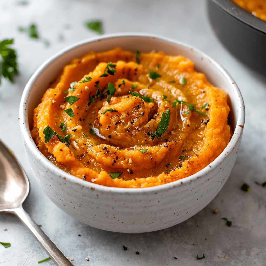 Romige paleo wortel pastinaak mash in een witte kom, goudoranje van kleur en gegarneerd met verse peterselie en zwarte peper, een gezond en voedzaam bijgerecht dat perfect past binnen een koolhydraatarme en zuivelvrije Paleo leefstijl.