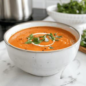 Romige paleo paprikasoep gemaakt van geroosterde rode paprika’s, geserveerd in een witte kom met een swirl kokosmelk en verse peterselie, een voedzame en zuivelvrije soep perfect voor een koolhydraatarme en gezonde leefstijl