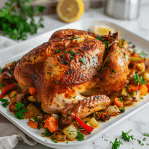 Geroosterde Paleo gevulde hele kip op een witte schaal, omringd door kleurrijke geroosterde groenten zoals wortel, selderij en paprika, gegarneerd met verse peterselie en een halve citroen op de achtergrond, een voedzaam en smaakvol hoofdgerecht geschikt voor een Paleo- of Whole30-dieet