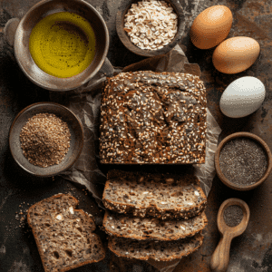 Vezelrijk paleo brood met lijnzaad en chia, donkerder en stevig van structuur.