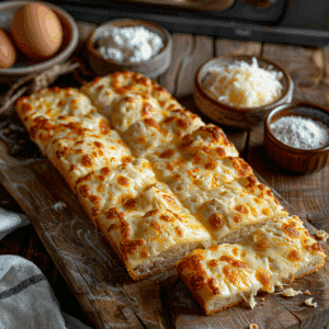 Goudbruin keto kaasbrood met fathead deeg met gesmolten mozzarella en krokante korst.