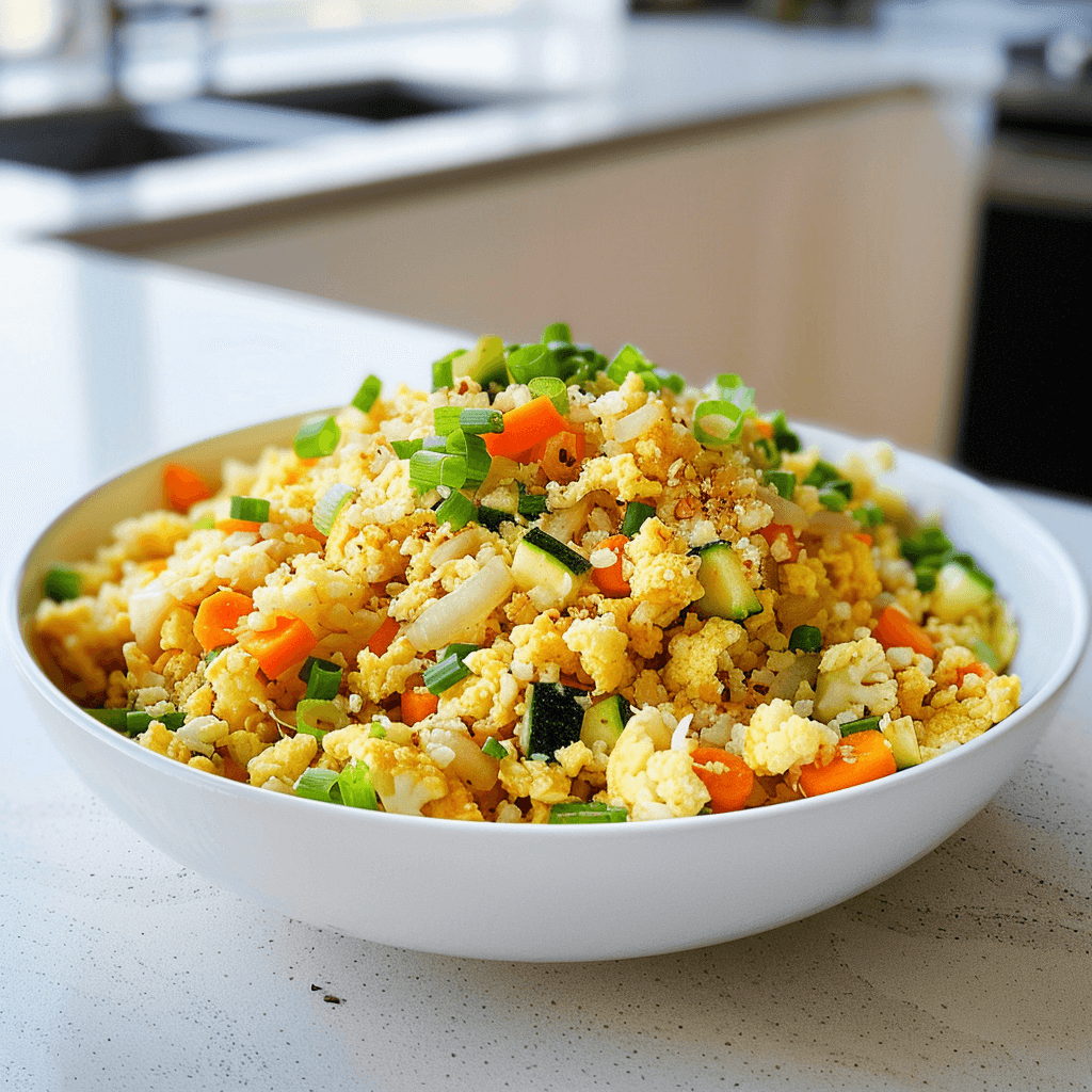 Paleo bloemkool gebakken rijst met kleurrijke groenten zoals wortel, courgette en lente-ui in een witte kom, een licht, graanvrij en glutenvrij alternatief voor traditionele gebakken rijst, ideaal als gezonde lunch, diner of bijgerecht.