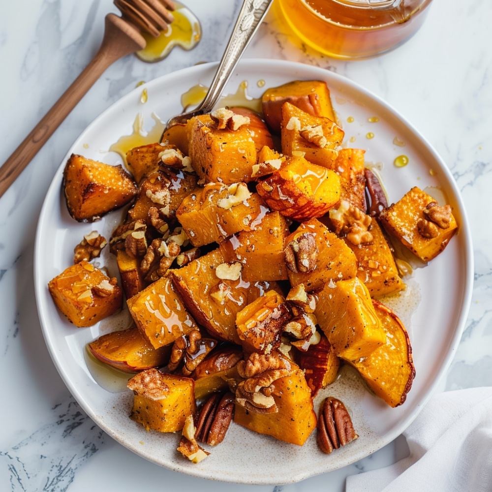 Ambachtelijke Paleo geroosterde pompoen met noten en honing, een gezonde herfstfavoriet uit Nederland ovengebakken pompoen met walnoten, amandelen en pure honing, perfect voor een voedzaam ontbijt of bijgerecht in de herfst.