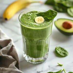 Frisse groene smoothie met spinazie, avocado en banaan een romige paleo ontbijtsmoothie vol energie, ideaal voor een gezonde start van de dag.