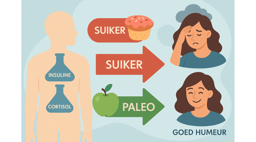 Een illustratie die laat zien hoe suiker invloed heeft op hormonen zoals insuline en cortisol en hoe een paleo voedingspatroon zorgt voor meer rust minder stress en een beter humeur.
