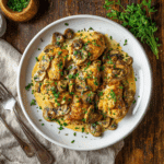 Paleo kip en champignon skillet met romige kokosmelk saus, gegarneerd met verse peterselie, met sappige kipreepjes en goudbruine champignons, ideaal voor een glutenvrije, zuivelvrije en eiwitrijke maaltijd.