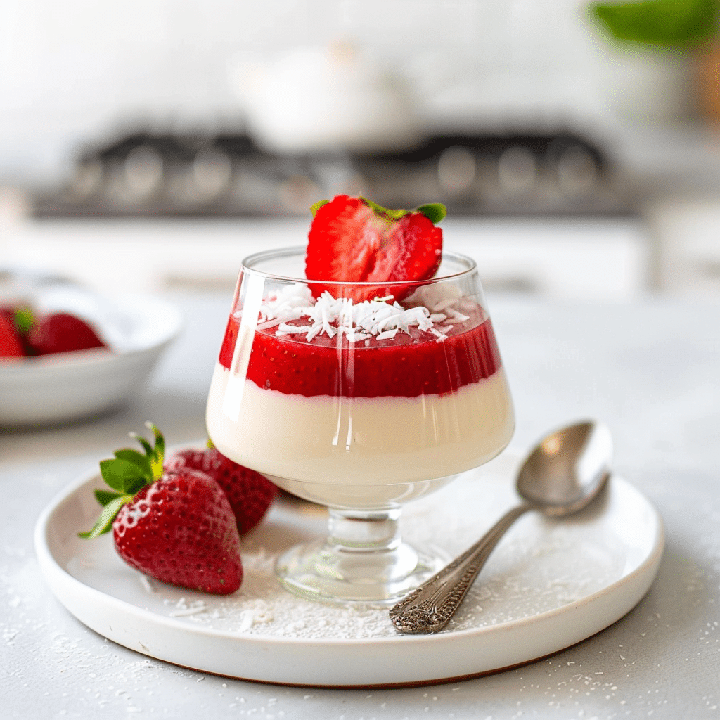 Paleo aardbei kokos panna cotta met romige kokoslaag en verse aardbeiencompote als elegant, zuivelvrij dessert.