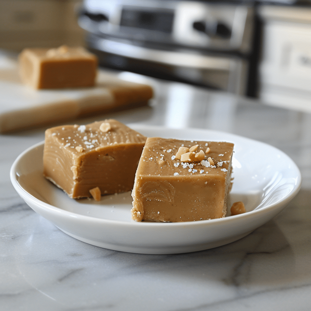Paleo amandelboter fudge met een romige structuur, bestrooid met zeezout en stukjes noot als gezonde, zuivelvrije zoete snack.