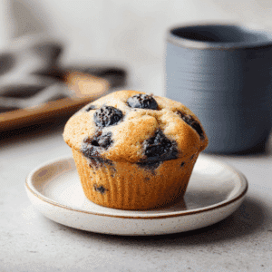 Luchtige paleo blauwe bessen muffin met gouden bovenkant en sappige bessen als gezonde amandelmeel traktatie.