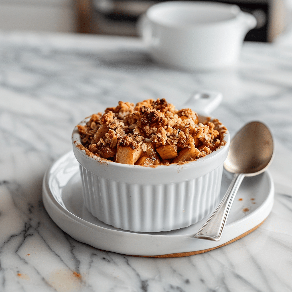Paleo appelcrumble met warme kaneelappels en knapperige amandel-kokos topping, geserveerd als gezond glutenvrij en suikervrij dessert op een marmeren aanrecht.