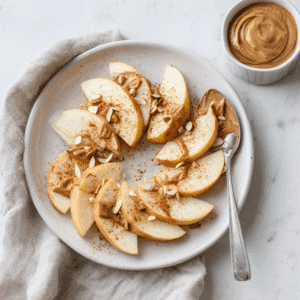 Paleo appelschijfjes, besprenkeld met kaneel en geserveerd met romige amandelboter en geschaafde amandelen. Het is een gezonde, van nature zoete snack met een knapperige bite en een rijke, nootachtige smaak.