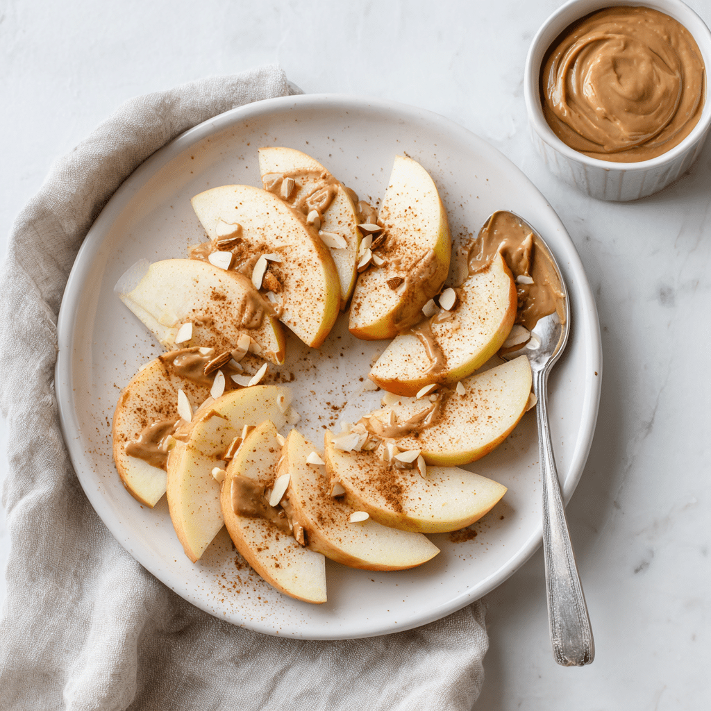 Paleo appelschijfjes, besprenkeld met kaneel en geserveerd met romige amandelboter en geschaafde amandelen. Het is een gezonde, van nature zoete snack met een knapperige bite en een rijke, nootachtige smaak.