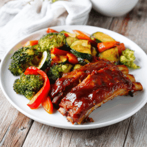 Paleo BBQ spareribs met geroosterde groenten, waaronder broccoli, courgette en paprika.