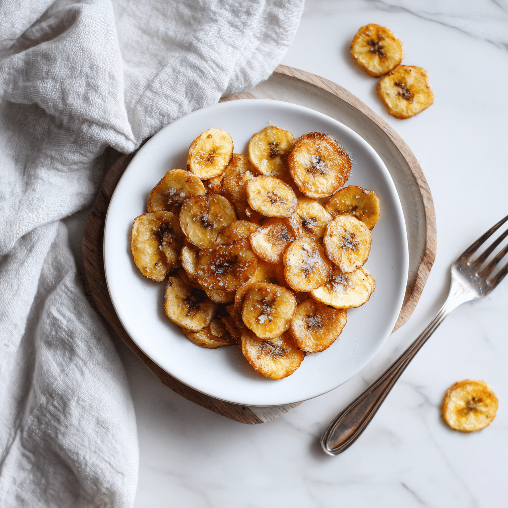 Zelfgemaakte Paleo Bananenchips, goudbruin en knapperig, bestrooid met een beetje zeezout voor een perfecte balans van zoet en zout.