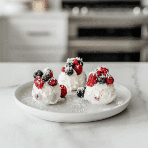 Paleo bevroren bessenbites met kokosroom, afgewerkt met verse bessen en geraspte kokos.