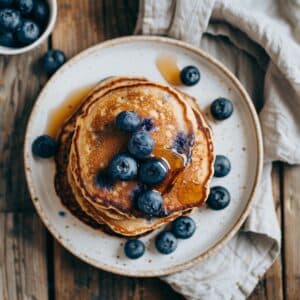 Luchtige paleo pannenkoeken met verse blauwe bessen, bereid met amandelmeel en kokosolie een gezond glutenvrij ontbijt uit Nederland, vol natuurlijke energie en smaak.