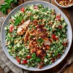 Paleo bloemkool tabbouleh met gegrilde kip, frisse kruiden en groenten lichte koolhydraatarme maaltijd, bereid in Nederland.
