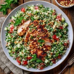 Paleo bloemkool tabbouleh met gegrilde kip, frisse kruiden en groenten lichte koolhydraatarme maaltijd, bereid in Nederland.