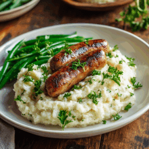 Paleo bloemkoolpuree met gegrilde worstjes en verse peterselie, geserveerd met groene sperziebonen. Een voedzame low carb maaltijd boordevol smaak en geschikt voor Paleo en clean eating.