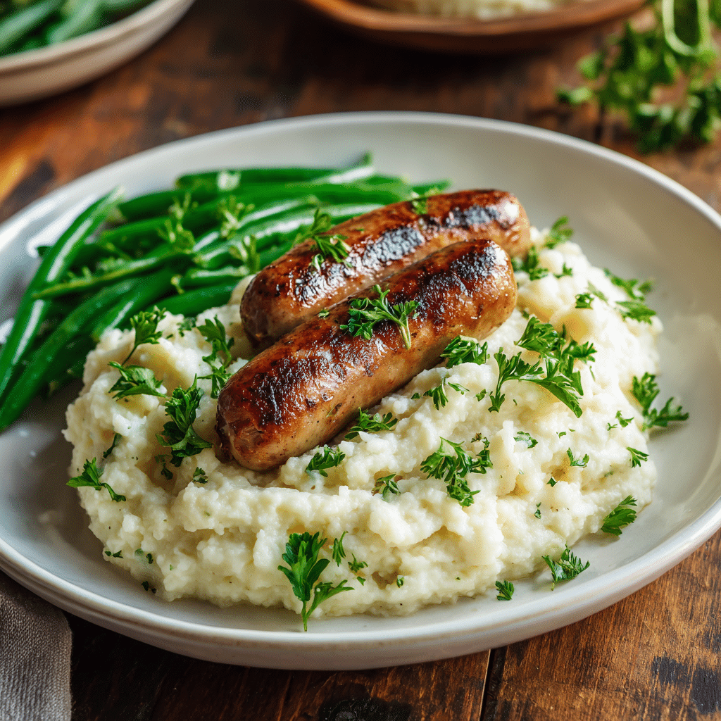 Paleo bloemkoolpuree met gegrilde worstjes en verse peterselie, geserveerd met groene sperziebonen. Een voedzame low carb maaltijd boordevol smaak en geschikt voor Paleo en clean eating.