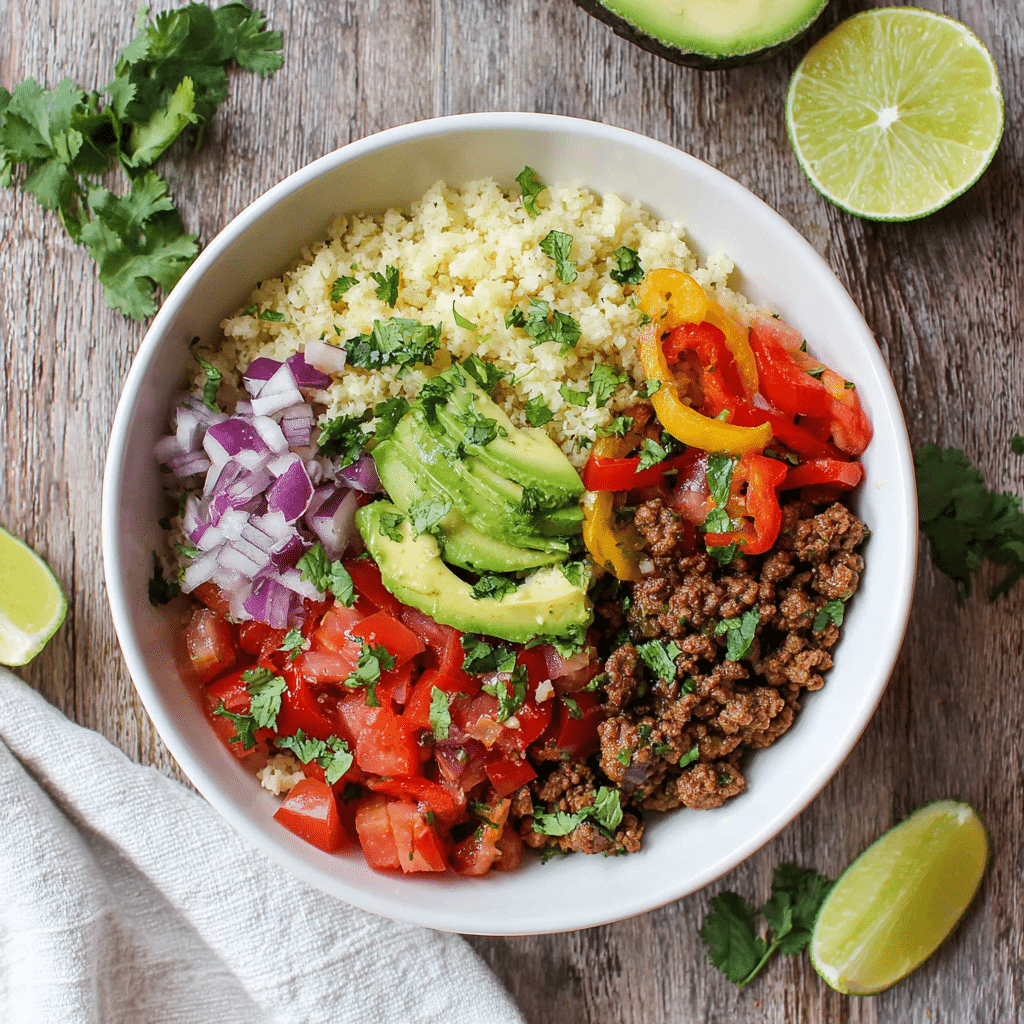 Paleo bloemkoolrijst burrito bowl met gekruid gehakt, avocado, verse tomaat, paprika, rode ui en koriander, een kleurrijke graanvrije en koolhydraatarme maaltijd