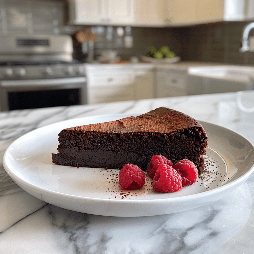 Paleo bloemloze chocoladetaart met een fudgy binnenkant en rijke donkere chocoladesmaak, geserveerd met verse frambozen; gezonde glutenvrije en suikervrije chocoladetaart zonder bloem.