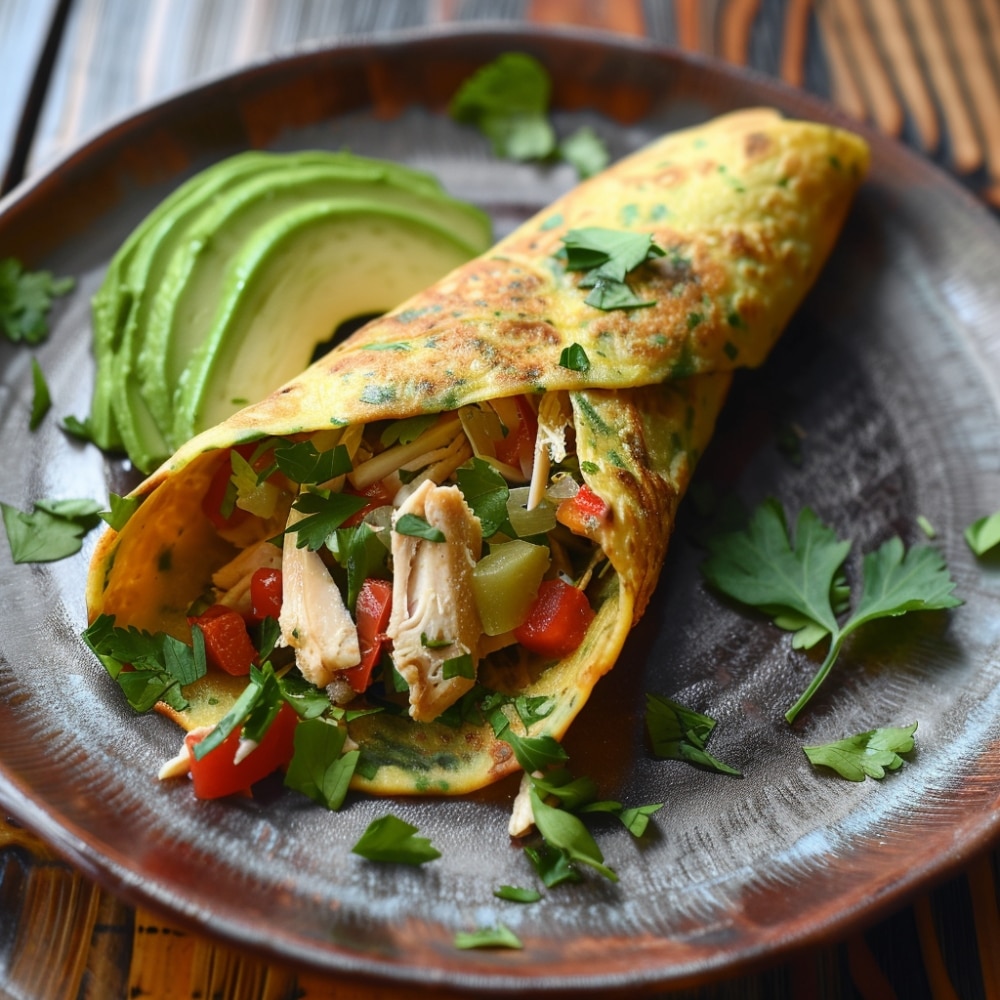 Gezonde Paleo cassave ontbijtwrap gevuld met kip en groenten, eiwitrijk en voedzaam ontbijt of lunch, ideaal voor een gezonde start van de dag in Nederland.
